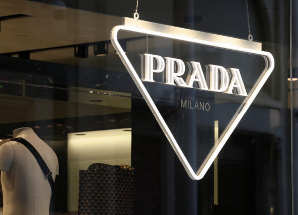 The logo of Prada is seen in a shop in Paris